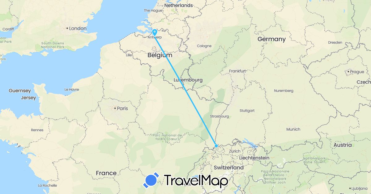 TravelMap itinerary: driving, boat in Belgium, Switzerland (Europe)